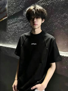 Black Studs Patchwork Boxy T-Shirt Short Sleeve