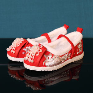 Autumn Winter Girls Embroidered Hanfu Shoes Cotton Cloth Inner Fleece Performance Shoes Turn Zhu Ge Ancient Princess Style