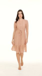 Krizia Puff Sleeve Flounce Hem Drawstring Lace Midi Dress