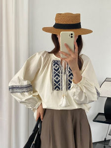 เสื้อเชิ้ตคอโปโลแขนยาวผู้หญิงสไตล์เกาหลีฤดูใบไม้ผลิปี 2024 ทรงหลวม สีพื้น แขนยาวปานกลาง ปักลาย ทรงหลวม สีพื้น