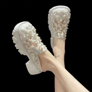 Womens Heels Mules Mesh Face 5cm Summer Outwear Korean Thick Sole Casual Lazy Sandals