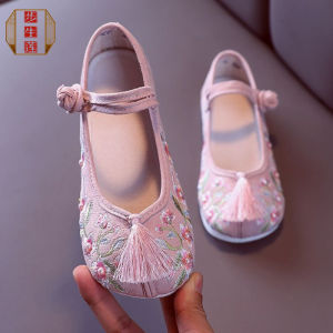 Princess Style Flat Bottom Embroidered Childrens Hanfu Shoes Old Beijing Cloth Shoes for Girls Comfortable Cotton Slip-On