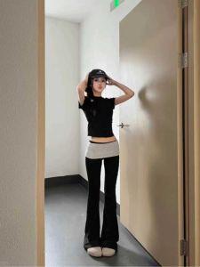 American Mini Horn Pants Womens Sweet Spicy Slim Fit Short T-Shirt Top Casual Long Pants Horse Leggings Two-Piece Set