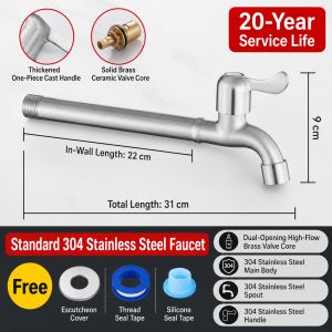 Extra Long 304 Stainless Steel Faucet G1/2 Wall Mount Washing Machine Tap Mop Pool Garden Water Filter Faucet High Pressure