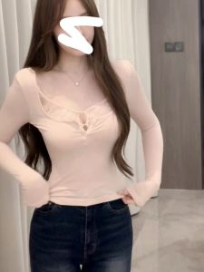 LUOFEN | Lace Trim T-shirt Womens Early Autumn 2025 New U-neck Unique Layered Long Sleeve Fake Two-piece Top
