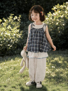 YOEHYAUL | Fresh Retro Summer Girls Blouse Grid Pattern