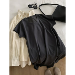 Lazy Dark Gray U Collar Flying Sleeves Dress Summer New Arrival Drooping Slimming Easiest for Match Mid Length Long Length Short Sleeve T-shirt Skirt