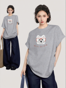 BAIDAIFEI | Grey Puppy Print Women Summer Loose Fit T-Shirt Cotton