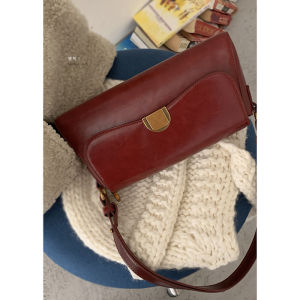 Retro Red Handbag Womens Fashionable Commuter Bag Soft PU Leather Single Shoulder Strap Square Shape Small Size Handbag