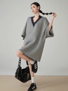 XIAODADEHUA | Gray V-Neck Loose Leisure T-Shirt Dress