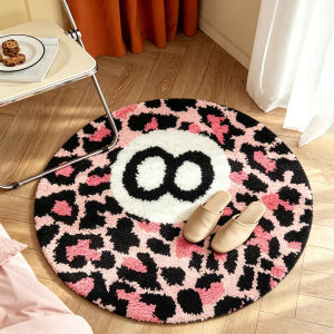 VIKAMA Pink Leopard Print Round Plush Rug Washable Anti Slip Alfombra For Bedroom Dressing Table Cool Y2K Fashion Home Decor