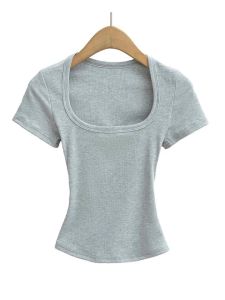 Áo Thun Nữ Cổ Vuông Slim Fit Crop Top Co Giãn Cao Tay Ngắn Áo Thun Mùa Hè Thông Thường Dành Cho Tuổi Trung Niên