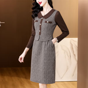 Fashionable Slimming Fake Two-Piece Dress Midi Length Elegant Style Autumn Winter Polyester Fiber Long Sleeve X-Shape Skirt