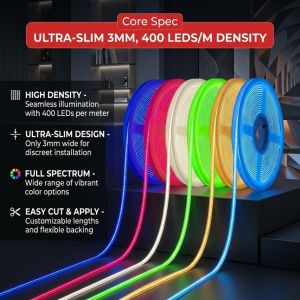 DC12V 3mm Ultra Thin High Density Colorful COB LED Strip 400LEDs/M Dimmable 3000K 4000K 6000K Flexible Light For DIY Home Decor