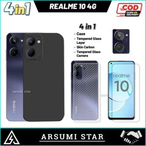 PROMO PAKET MURAH 4 IN 1 CASE REALME 10 4G SOFTCASE CASING SILIKON LIQUIT + ANTI GORES CERAMIC MATTE ANTI SPY + GARSKIN CARBON 3D + TEMPERED GLASS CAMERA LENS