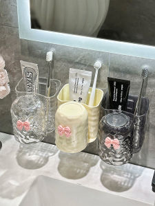 Luxury Wall-Mounted Toothbrush Holder Bathroom No-Drill Family of Three Mouthwash Rinse Cup Toothpaste Storage Rack Organizer