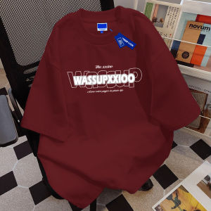 Wassup Summer New Loose Cotton Printed T-shirt Mens Fashion Short Sleeve Heavyweight 260g Trendy Casual round Neck Top