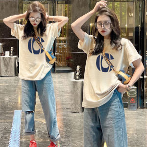 เสื้อยืดแขนสั้นผู้หญิงผ้าฝ้ายหลวมฤดูร้อน 2025 เสื้อตัวบนทรงหลวมพิมพ์ลายเกาหลี ความยาวปานกลาง เสื้อคอกลม