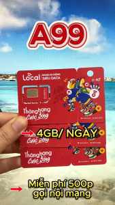 Sim 4G Local Gói A119 - Có 6GB data tốc độ cao mỗi ngày + miễn phí gọi nội mạng - Miễn phsi 1 tháng đầu - Phí 119k/tháng . FREESHIP - CHƯA KÍCH HOẠT