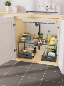 2-tier sink storage rack bathroom storage rack kitchen organizer pull-out adjustable cabinet rack space-saving drawer rack