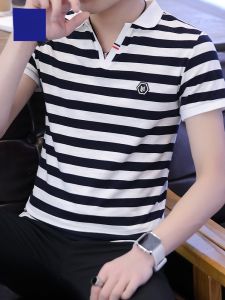 ROMON | Lormen Mens Short Sleeve T-Shirt Summer Thin Ice Silk Stripe Casual Polo Shirt V-neck Turn-down Collar Fashionable City Style
