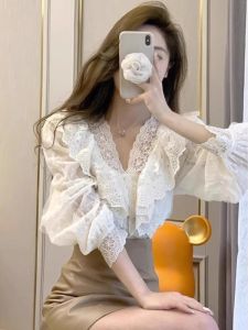Elegant Spring Design Lace Ruffled Puff Sleeve Shirt