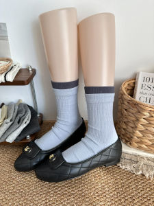 Womens Mid-Calf Short Socks Color Block Miu Style Autumn Winter New No-Cuff Double Turned-Down Pile Japanese Style