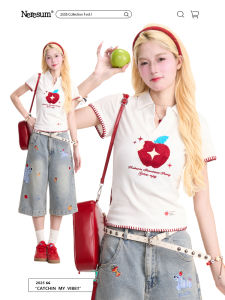 Neresum Towel Embroidery Polo Neck Short Sleeve Womens Slim Fit T-Shirt Fashionable Anti-Aging Shoulder T-Shirt