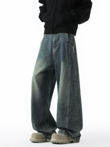Retro Blue Wide Leg Mens Jeans Spring Autumn High Street Drapey Knife Straight Loose Micro Flared Pants Youth Casual Denim