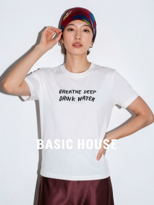 Basic House | White Round Neck Pure Cotton Print Short Sleeve Regular Fit Womens T-Shirt