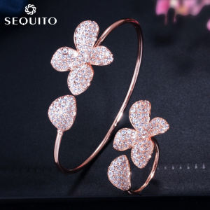 SEQUITO Hot Sale Adjustable Trendy Leaf Flower Design Open Cuff Bangle Ring Set Micro Pave Tiny CZ Women Delicate Jewellery Sets Dress Accessories SJ068