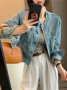 Slimming round Neck Short Denim Jacket Womens Light Weight Summer Korean Style Vintage Jacket Top plus Size Commute Style Loose Fit