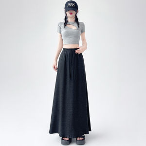 Miiow | Black Asymmetrical High Waist Loose Long Skirt Womens Summer Thin A-Line Slimming Pockets Drawstring Skirts Midi Skirts