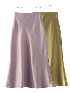 Elegant Fish Tail Skirt for Women Summer Satin Fabric Drapey High Waist Elastic Skirt Midi Skirt Simple Style Commute Skirt