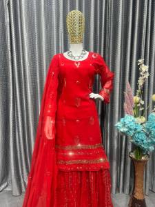 Stunning Red Party Wear Sharara Suit (Pre-order: 2/3 Weeks Delivery) KF090823