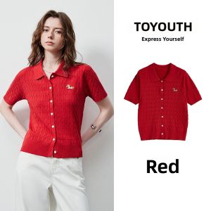 Toyouth | Ladies Ice Silk Knit Polo Top Summer New Classic Cable Stitch and Small Horse Embroidery