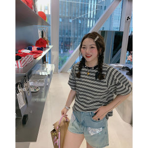 Summer Stripe T-Shirt Womens Short Sleeve Bubble Sleeve Regular Fit round Neck Casual Top Fashionable Anti-Aging Large Size