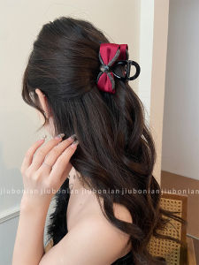 Red Butterfly Knot Diamond Embedded Hair Clip Womens Elegant Medium Size Half Updo Clip for Thin Hair at Back of Head Shark Clip