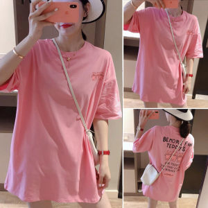 Áo Thun Tay Ngắn Cotton Màu Hồng Cho Nữ Mùa Hè Dáng Rộng Dài Vừa Phải Che Mông Phong Cách Hàn Quốc Cổ Tròn Thường Ngày