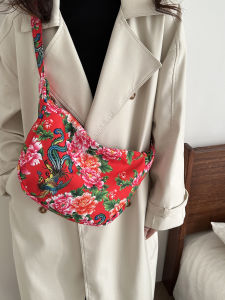 Large Capacity Canvas Shoulder Bag Womens Summer New Style Dumpling Shape Crossbody Bag Floral Print Versatile Single Strap Bag