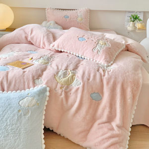 Cute Bunny Velvet Embroider Four-Piece Set Thickened Heattech Milk Fiber Bedding Fall and Winter Coral Fleece Bed Sheet Quilt Cover