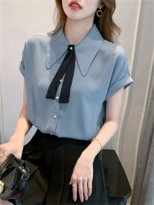 Elegant Blue Chiffon Shirt Women Summer Short Sleeve Tie Design Commute Fashion Top Straight Cut OL Style Pure Color