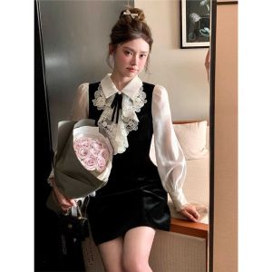 Fancy Socialite Elegant Lace Stitching Velvet Dress Female Silm Slimming Party Elegant A- line Short Skirt