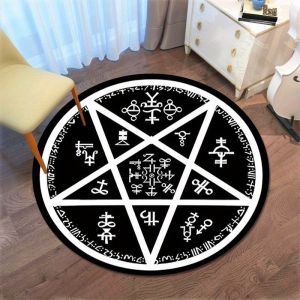VIKAMA Black White Pentagram Rune Round Rug Non Slip Living Room Tarot Bedroom Carpet Decor