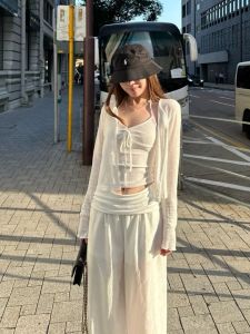 VKSOD | Womens White Neck Hanging Vest Outerwear Open Cardigan Loose Wide Leg Pants Fashion Three-piece Set Summer 2025 Long Sleeve V-neck