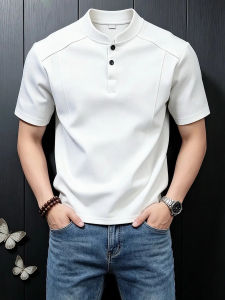 Henry Collar White Short Sleeve T-Shirt