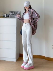 White Fleece Lined High Waist Straight Leg Jeans Womens Spring Autumn Stretch Micro Flared Slimming Loose Nine Point