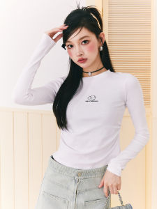 Nextdawn Embroidered Rabbit Long Sleeve Slim Fit Base Shirt Inner Wear Solid Color Shoulder T-Shirt Womens Fashion Cotton Blend