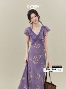 OUYANGXI | Đầm Dài Tông Đơ V Neck Accentuated Eo