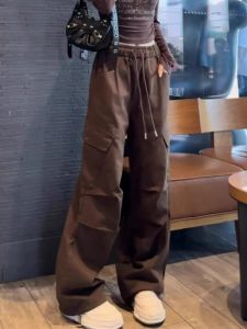 กางเกงขายาวทรงหลวมสไตล์ย้อนยุคสีน้ำตาลสำหรับผู้หญิง กางเกงขายาวทรงตรงเอวสูง กางเกงขายาวทรงตรงสำหรับเล่นกีฬา กางเกงขายาวทรงหลวมสำหรับใส่ทำงาน